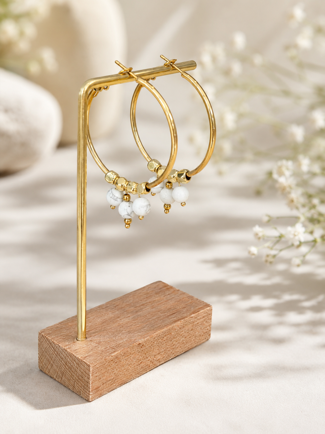 40mm hoops with Howlite stones, gold plated accents