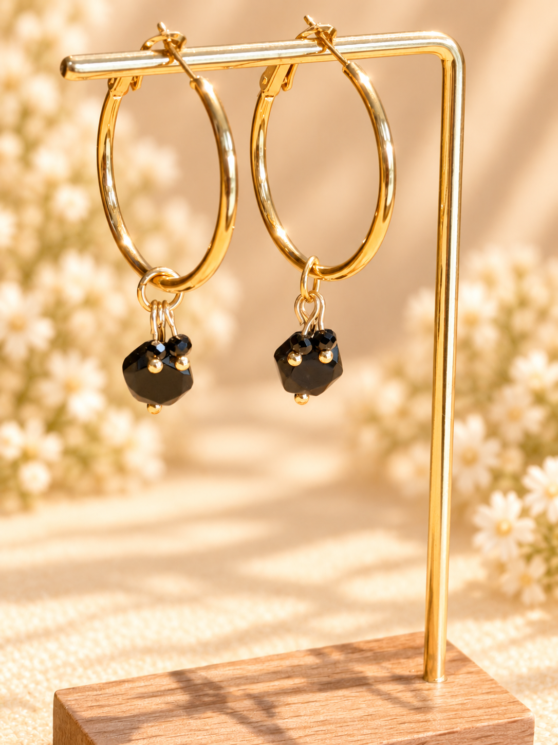 Black Onyx Hexagon beads 30mm wide hoops