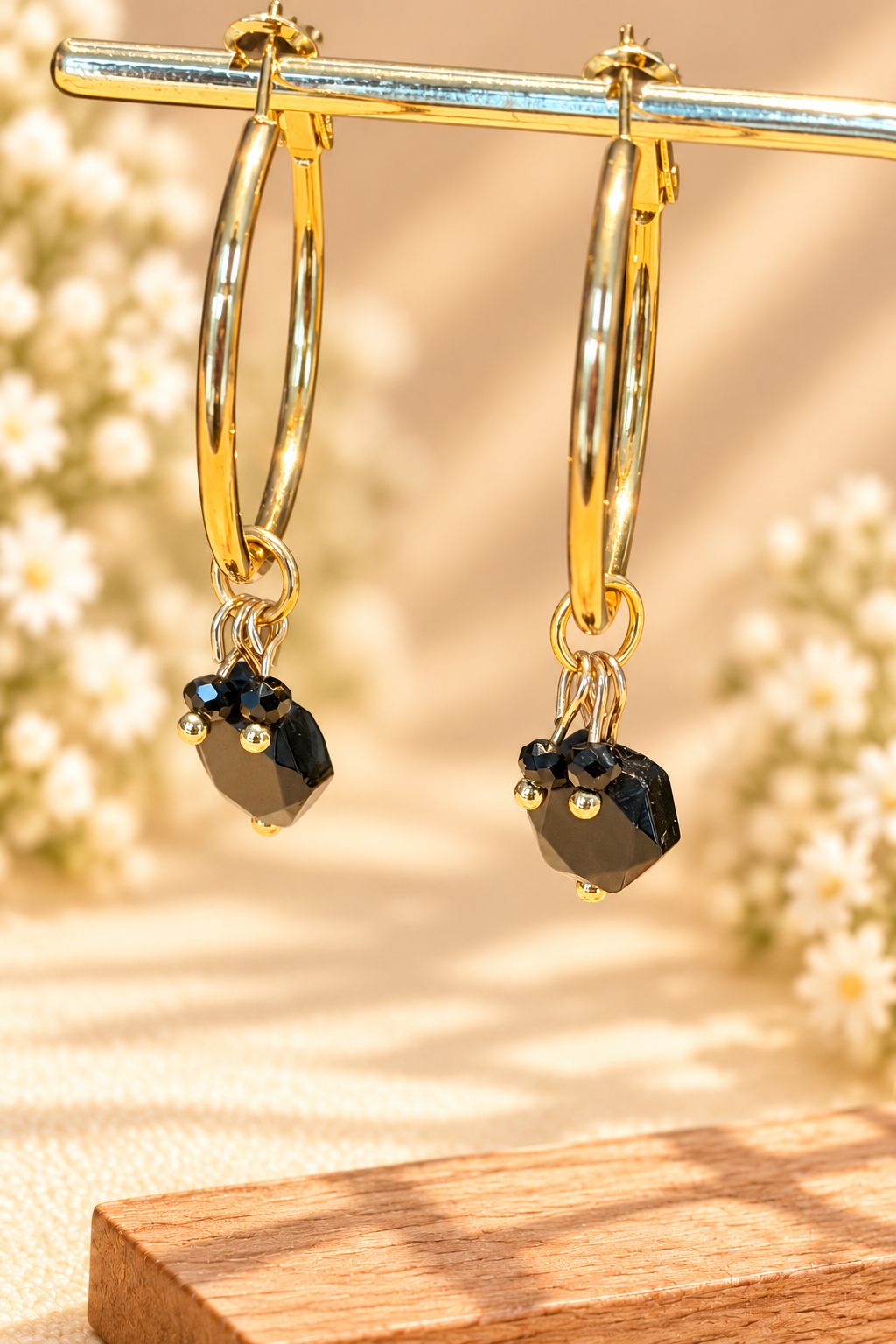 Black Onyx Hexagon beads 30mm wide hoops