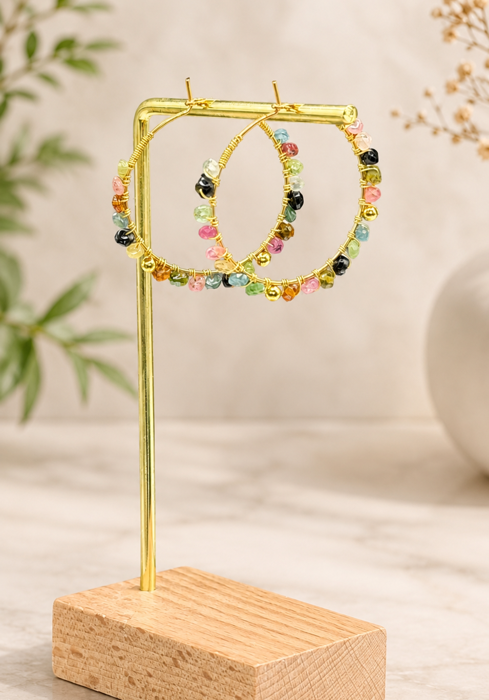 30mm hoops with Tourmaline gemstones, gold plated