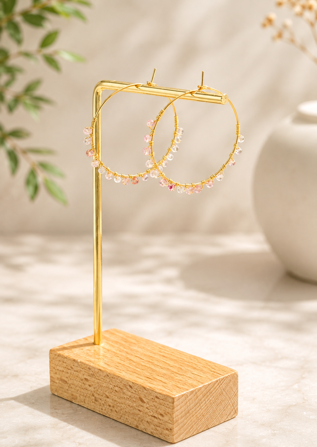 40mm hoops with Strawberry Quartz gemstones, gold plated