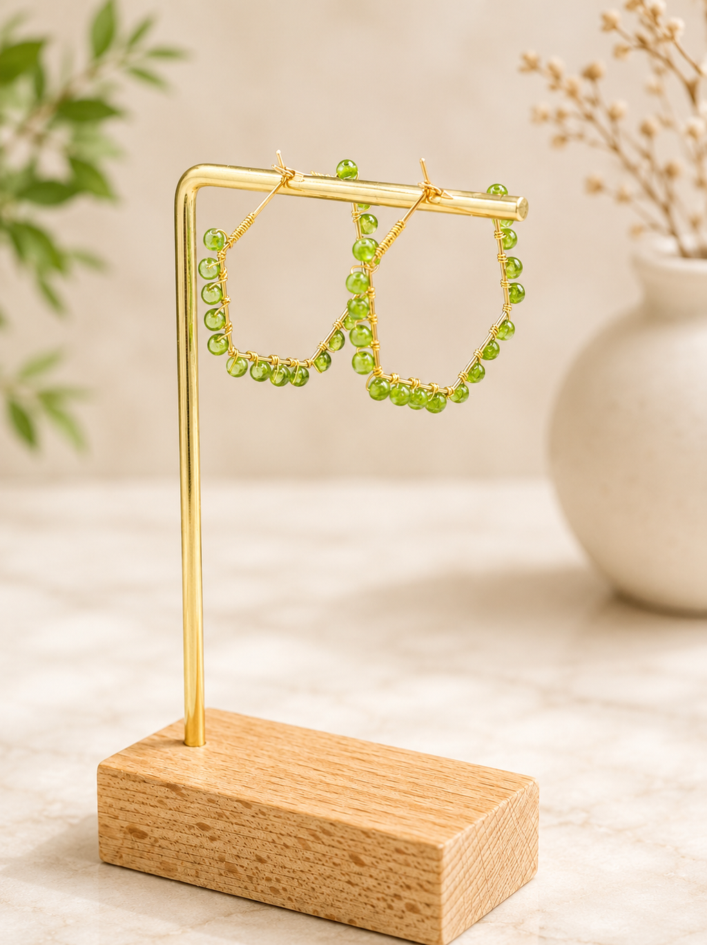 30mm geometric hoops with Jade gemstones, gold plated