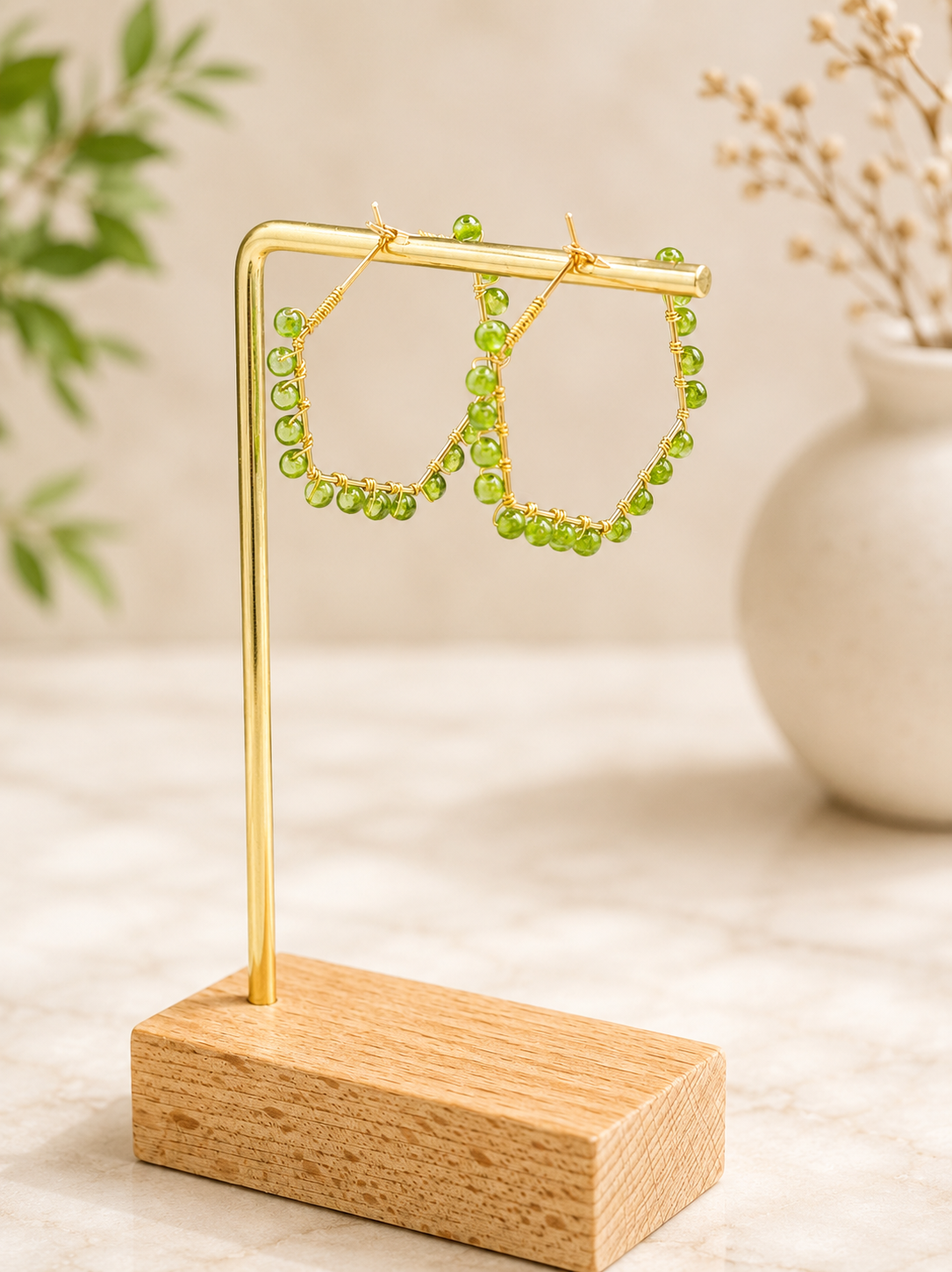 30mm geometric hoops with Jade gemstones, gold plated