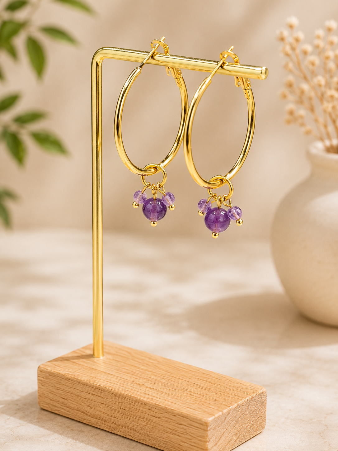 40mm hoops with Amethyst cluster, gold plated