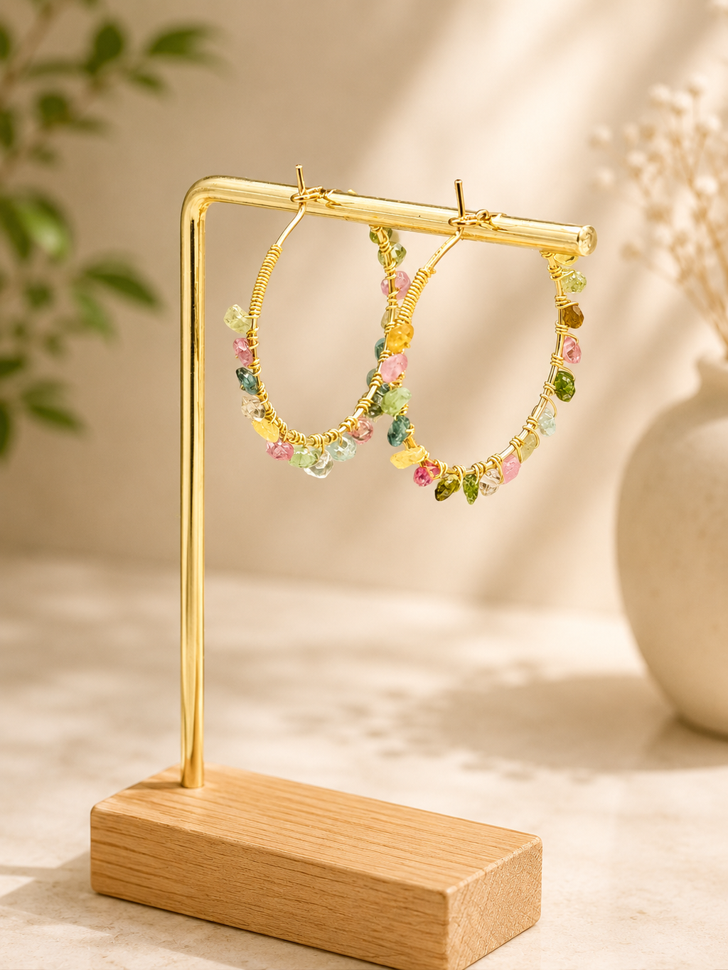 40mm hoops with Tourmaline gemstones, gold plated
