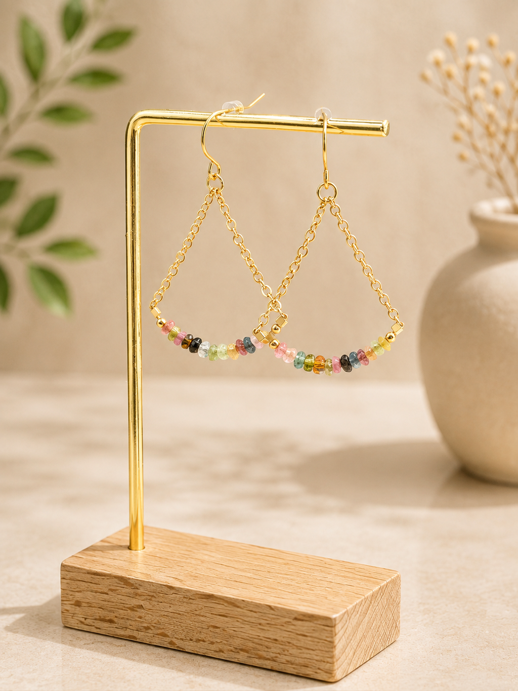 Gold plated dangle earrings with tourmaline stones