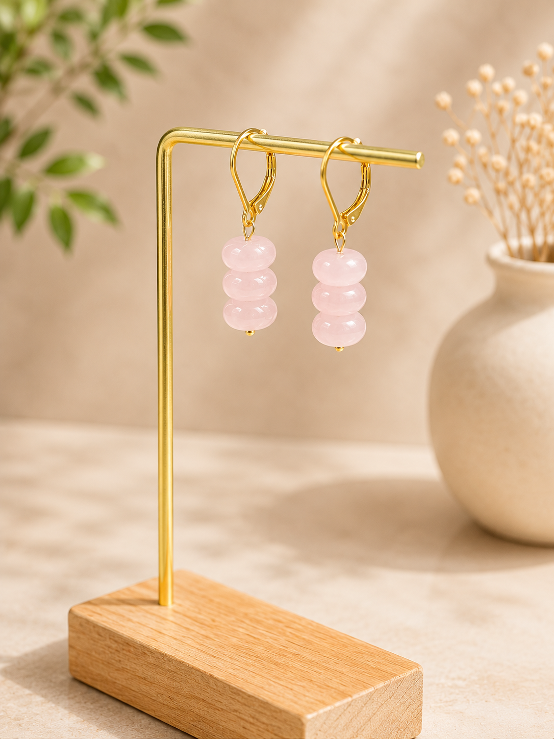 Rose Quartz and gold plated earrings