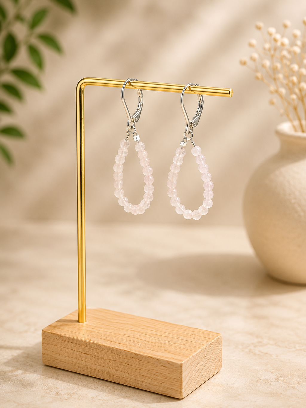 Rose Quartz loop and silver plated earrings