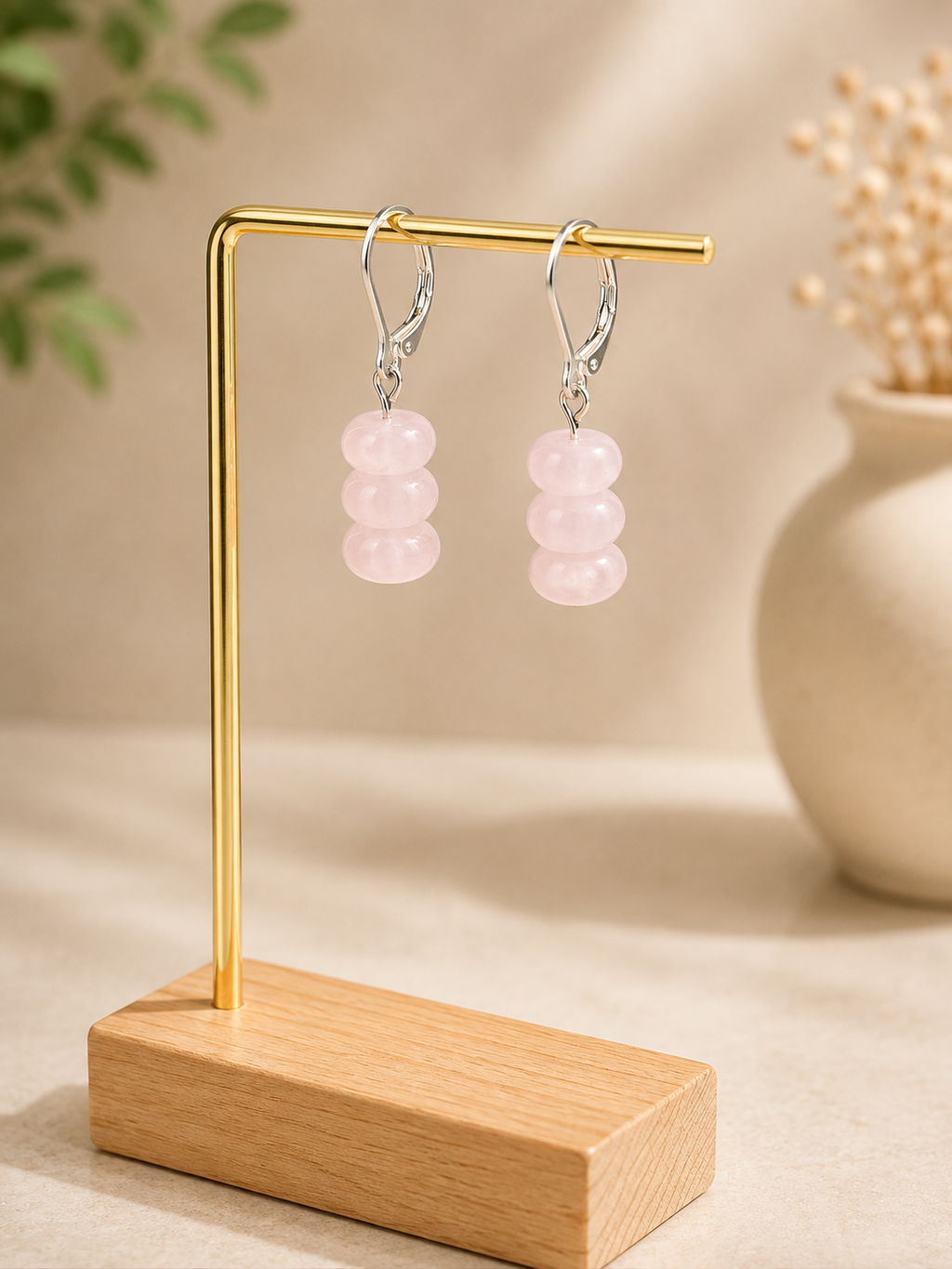 Rose Quartz and silver plated earrings