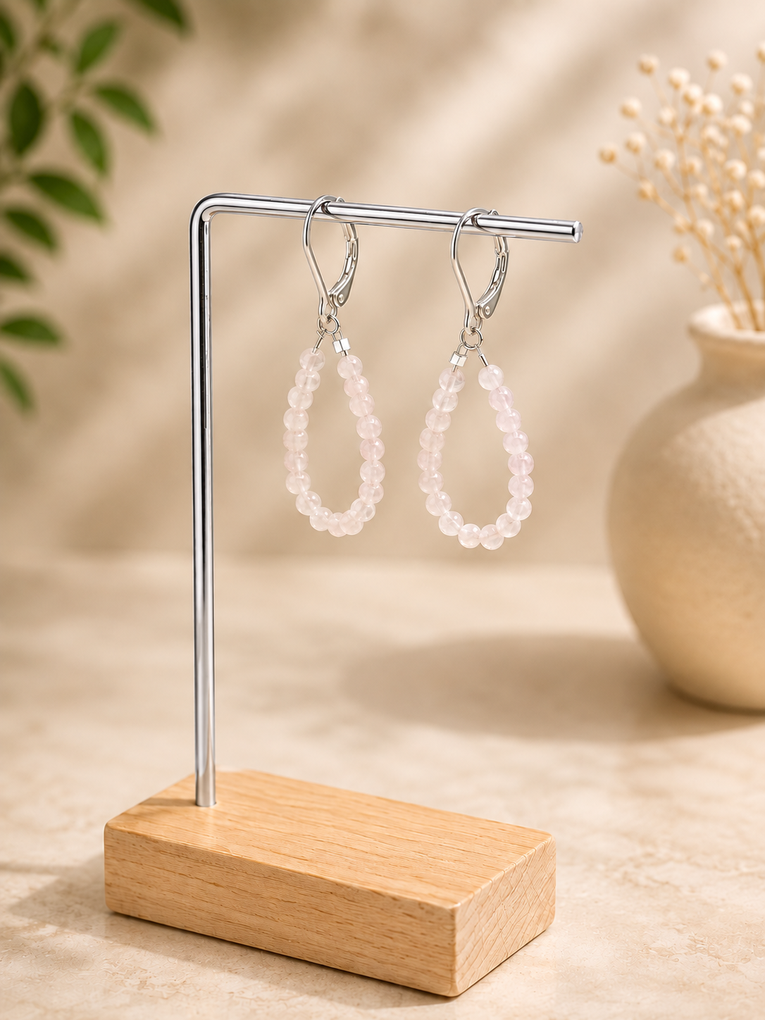Rose Quartz loop and silver plated earrings
