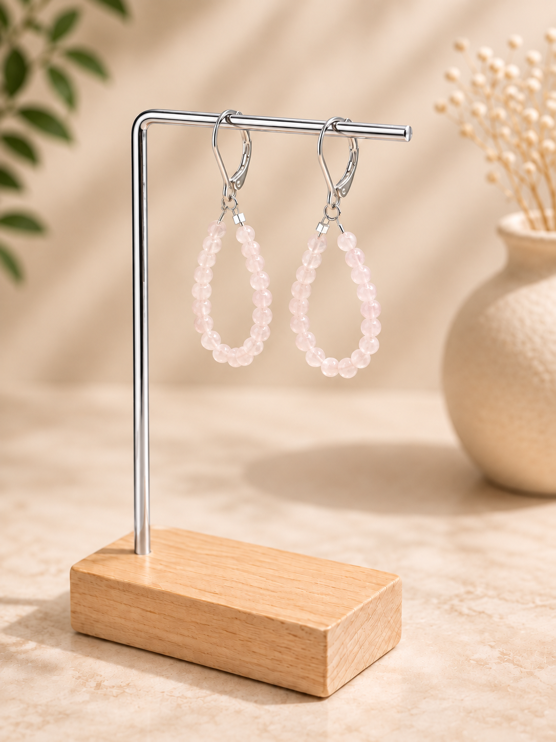 Rose Quartz loop and silver plated earrings