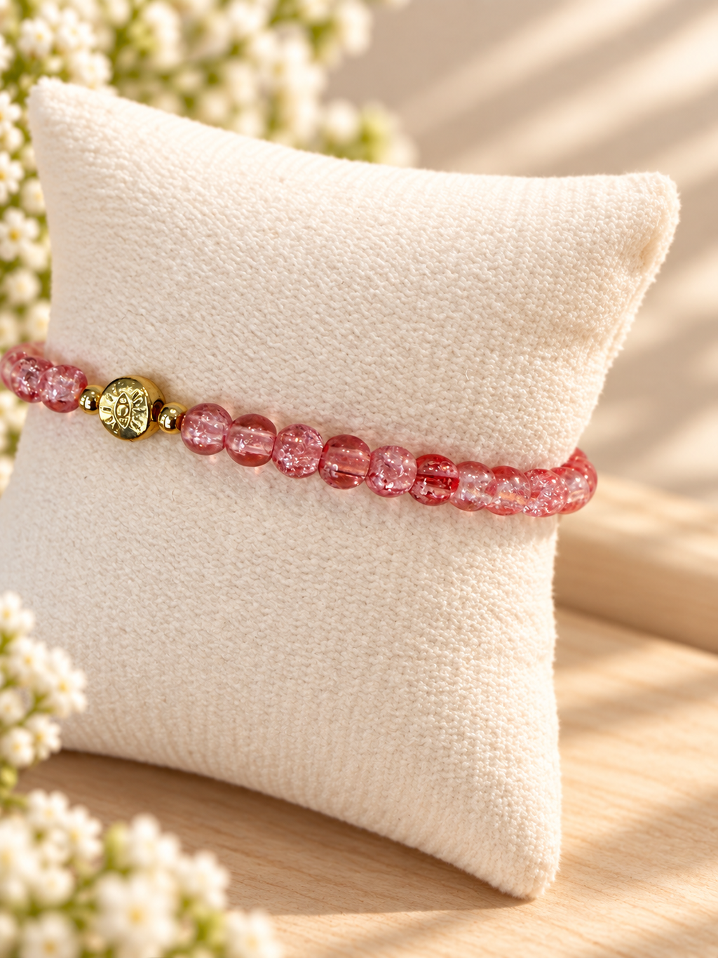 Rose Crackle Glass Beads Evil Eye Bracelet