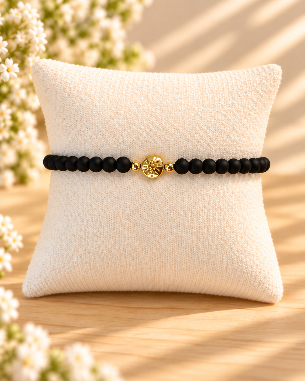 Matte Black Glass Beads with Evil Eye Bracelet