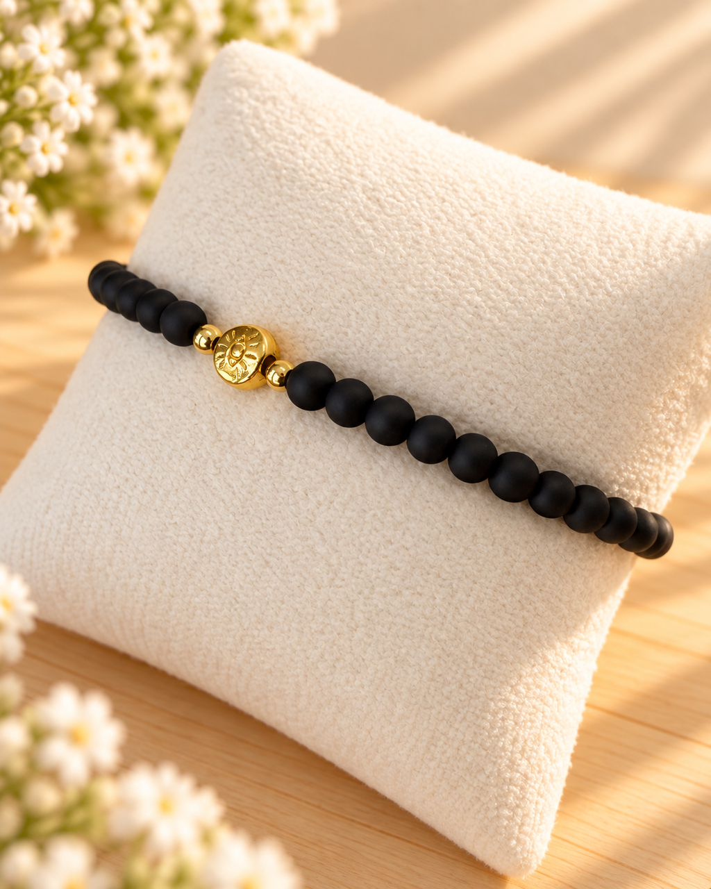 Matte Black Glass Beads with Evil Eye Bracelet
