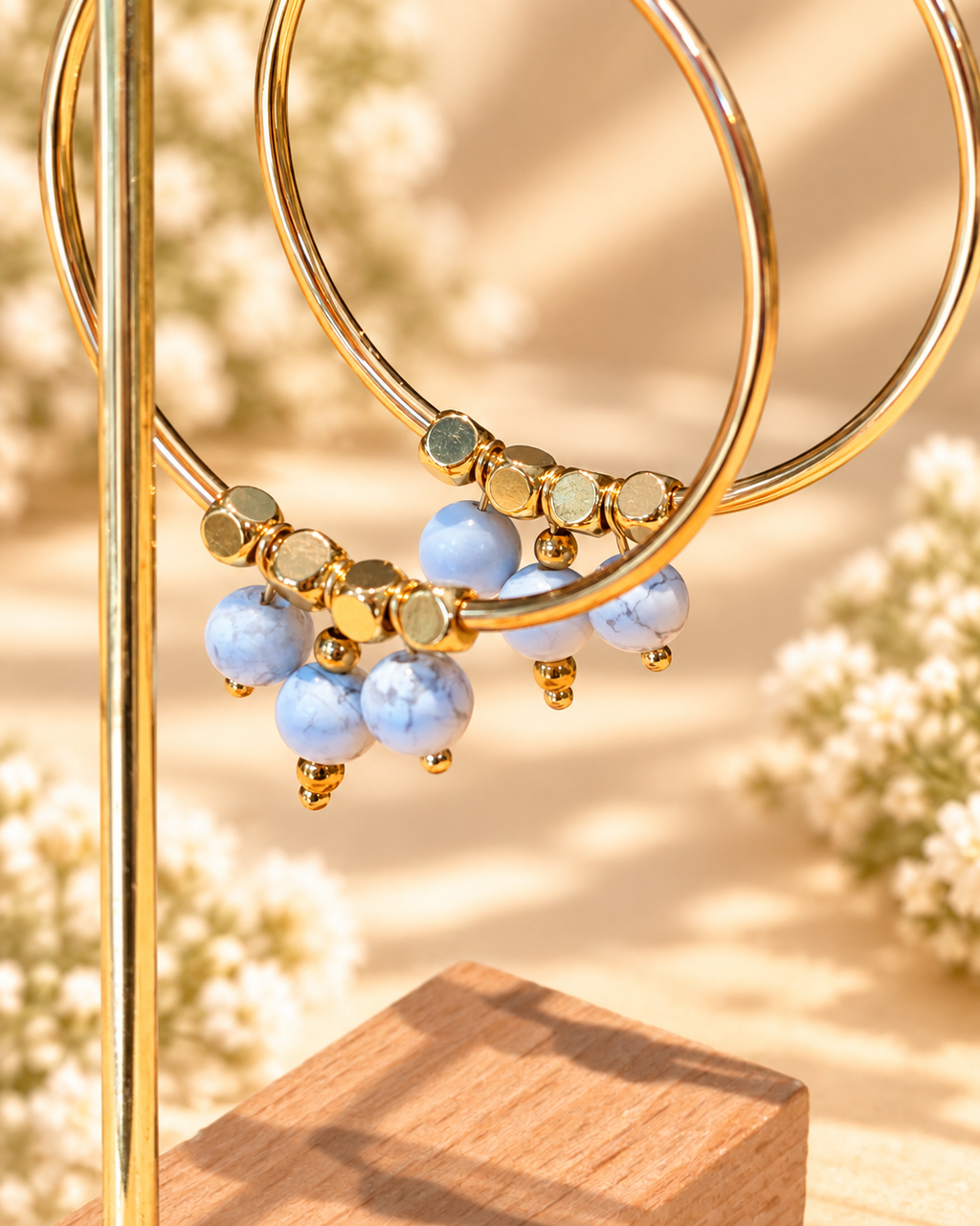 50mm hoops with Howlite stones, gold plated accents