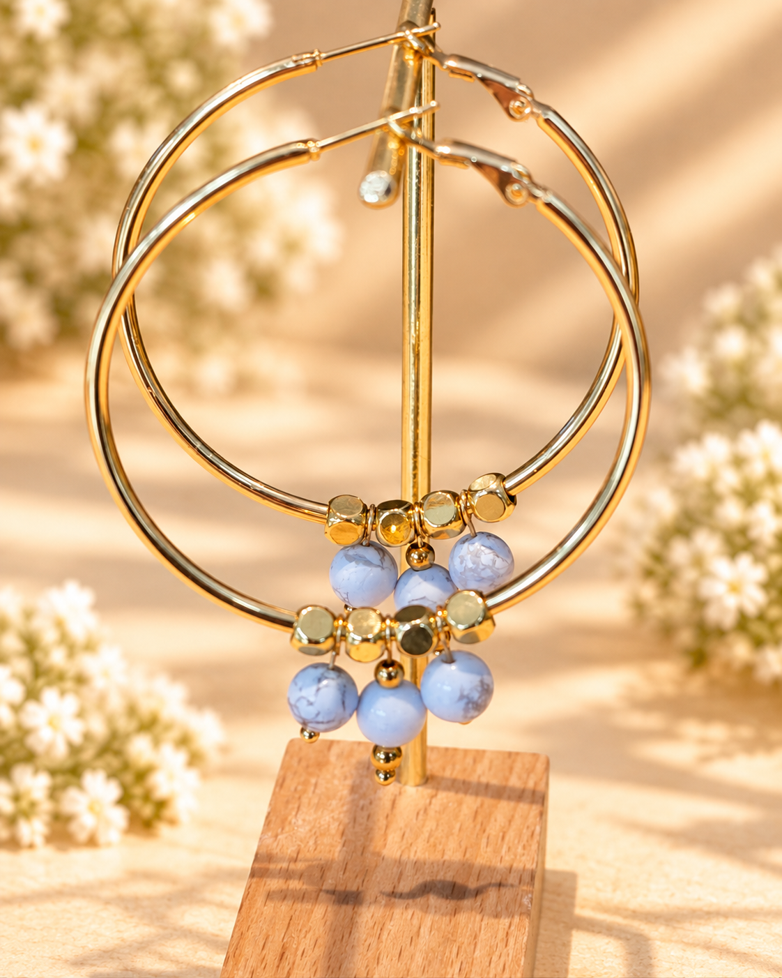 50mm hoops with Howlite stones, gold plated accents