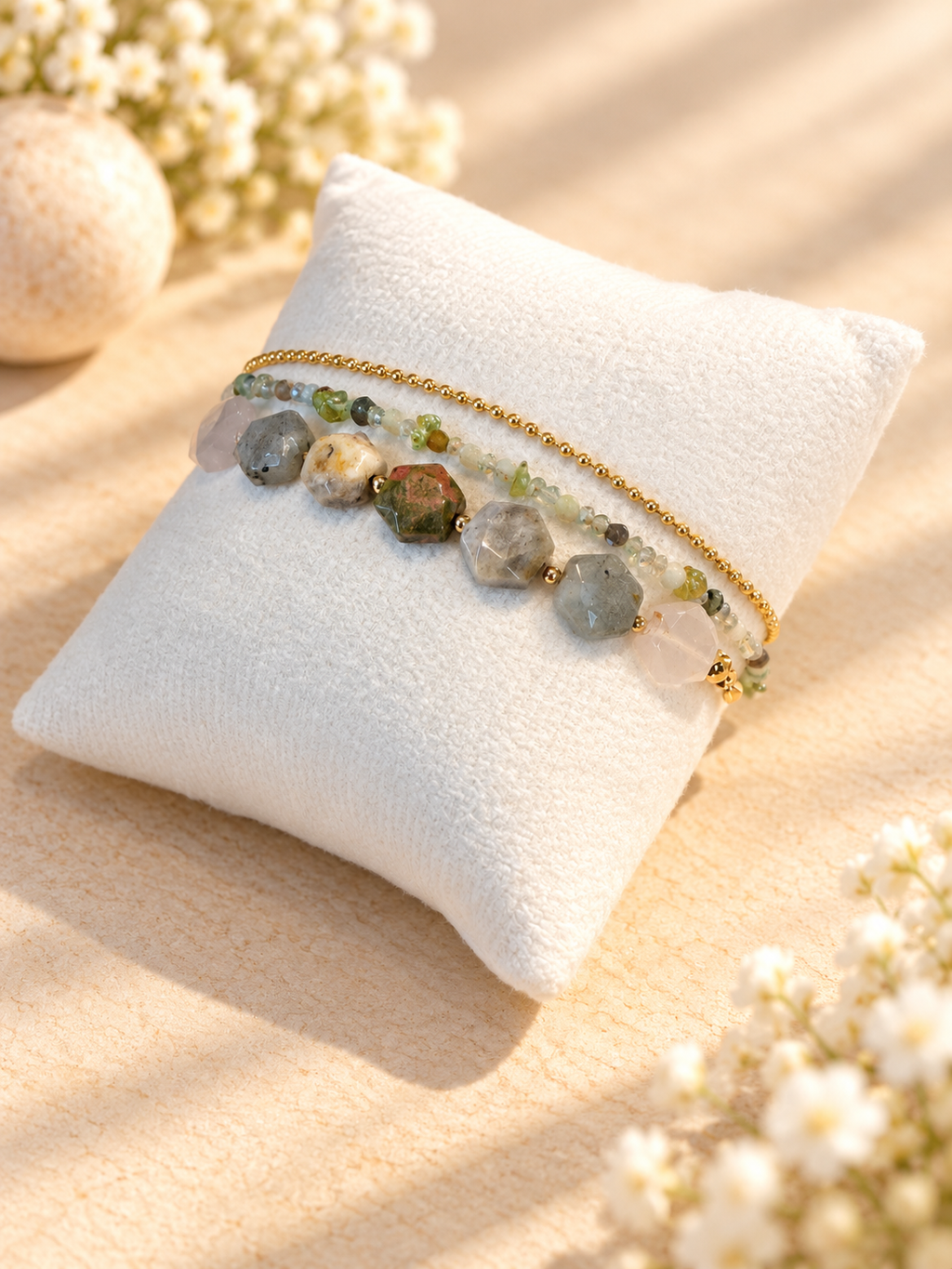Trio bracelet - 14K gold plated chains with Indian Agate and glass crystals