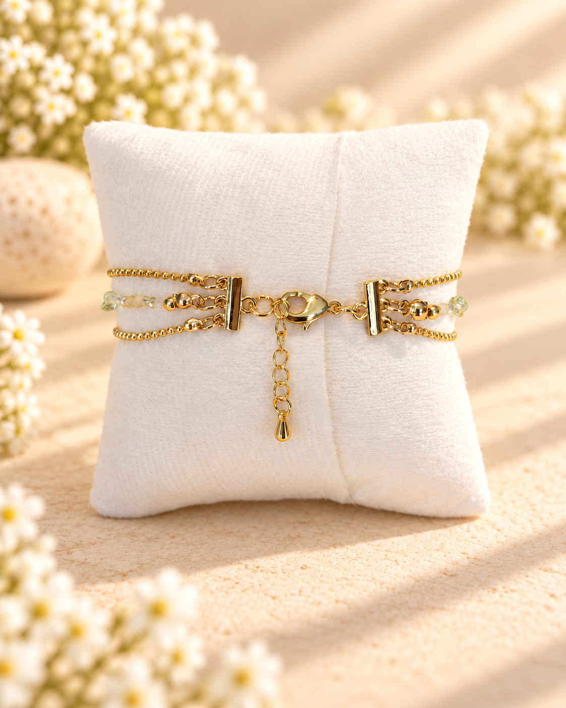Trio bracelet - 14K gold plated chains with Indian Agate and glass crystals