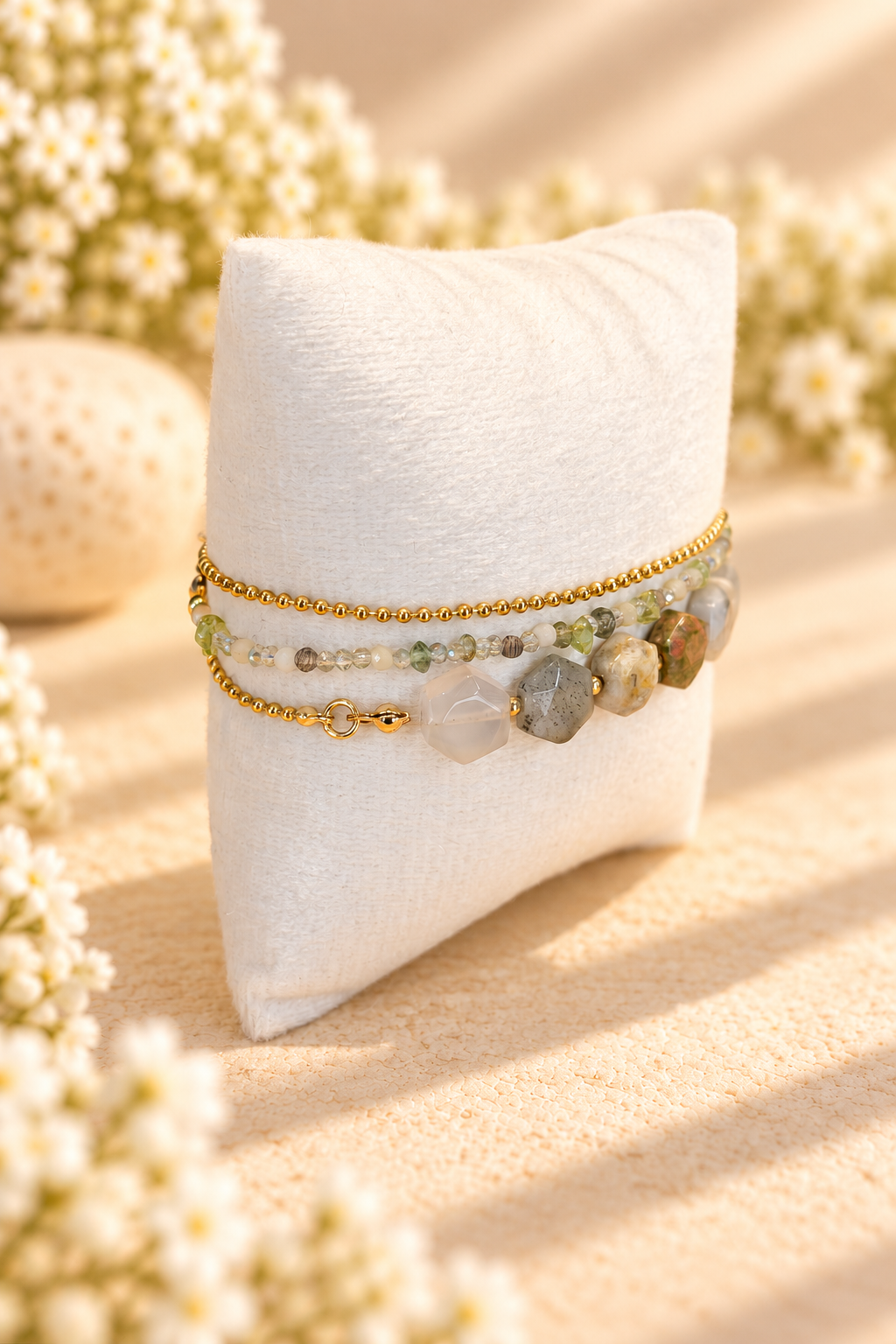 Trio bracelet - 14K gold plated chains with Indian Agate and glass crystals