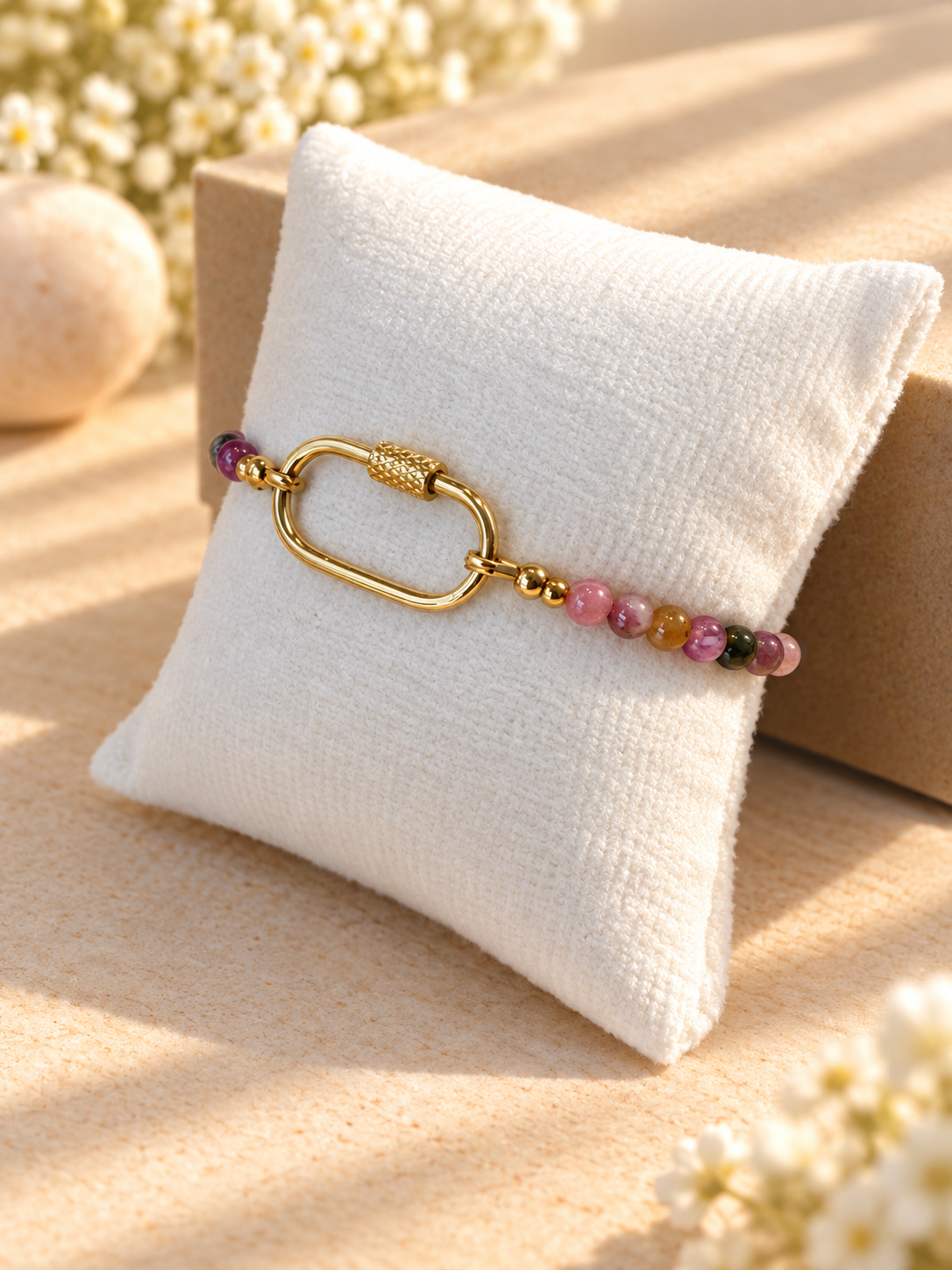 Tourmaline bracelet with Gold Carabiner