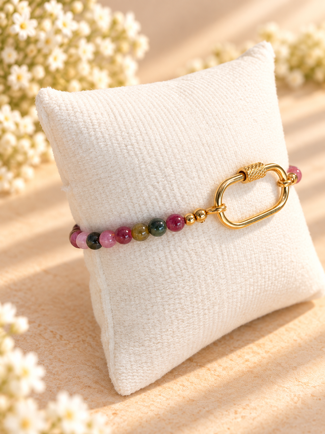 Tourmaline bracelet with Gold Carabiner