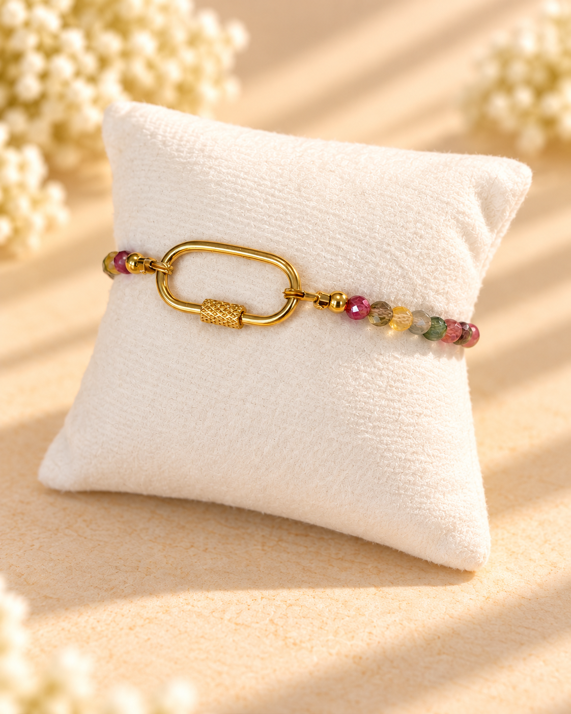 Watermelon Tourmaline bracelet with Gold Carabiner