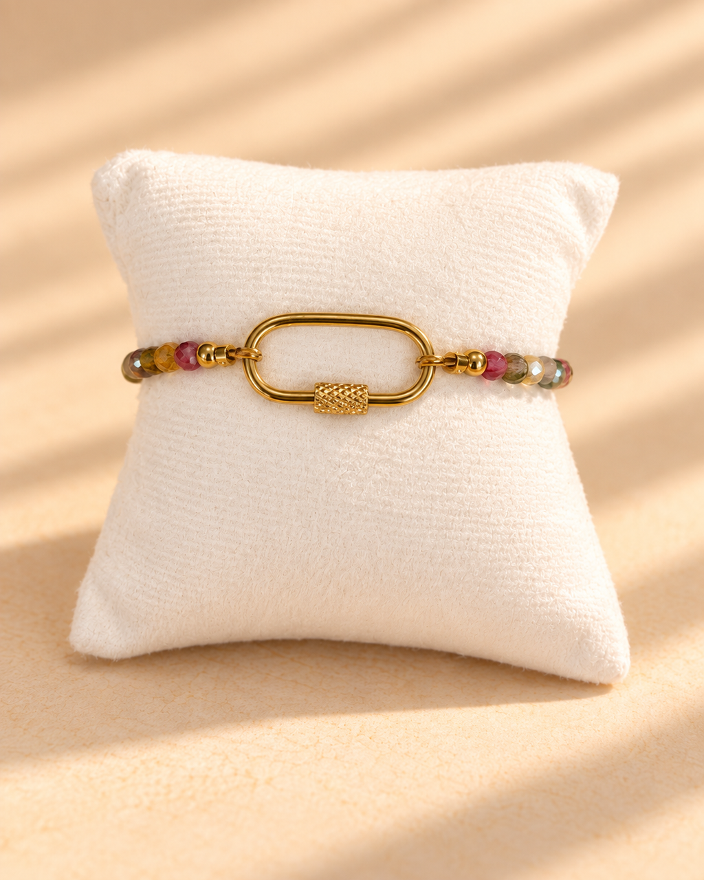 Watermelon Tourmaline bracelet with Gold Carabiner