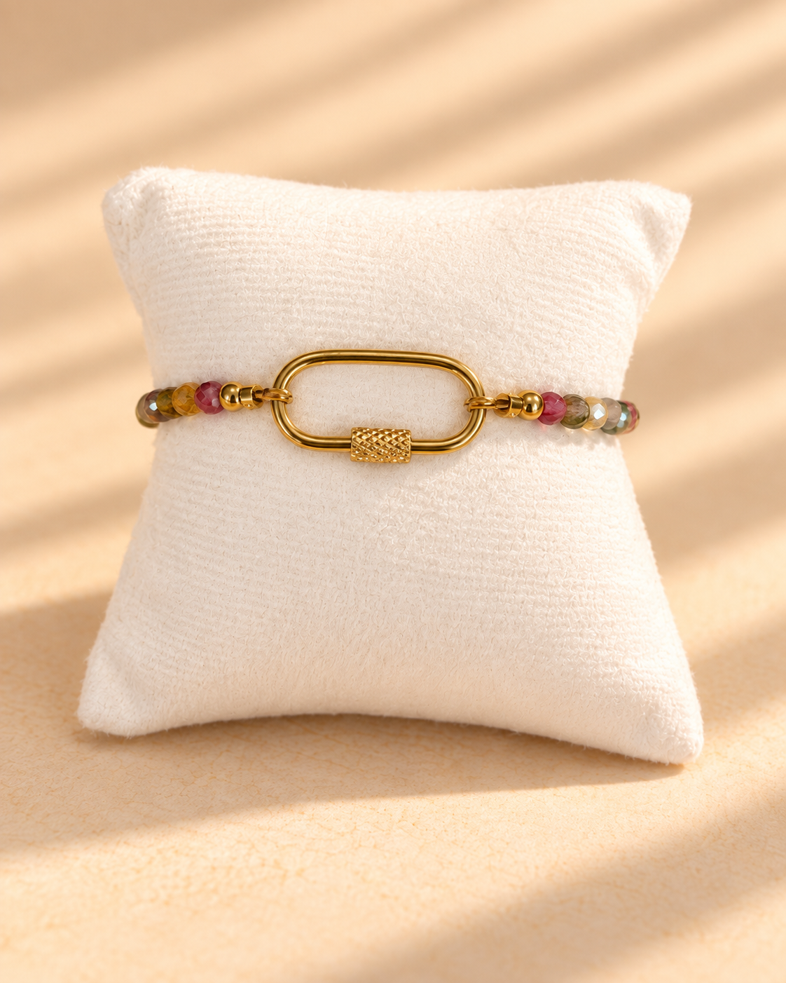 Watermelon Tourmaline bracelet with Gold Carabiner