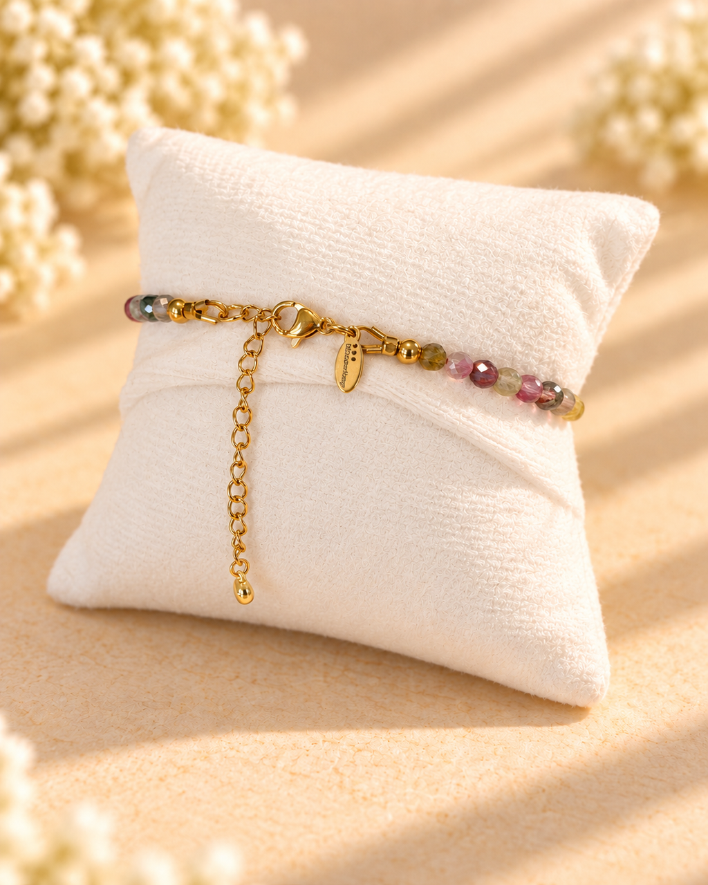 Watermelon Tourmaline bracelet with Gold Carabiner