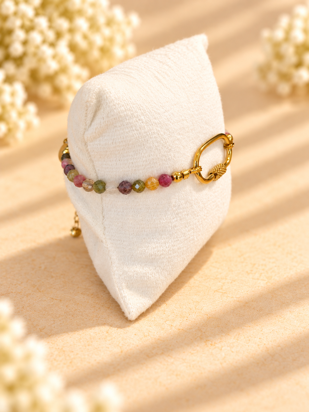 Watermelon Tourmaline bracelet with Gold Carabiner