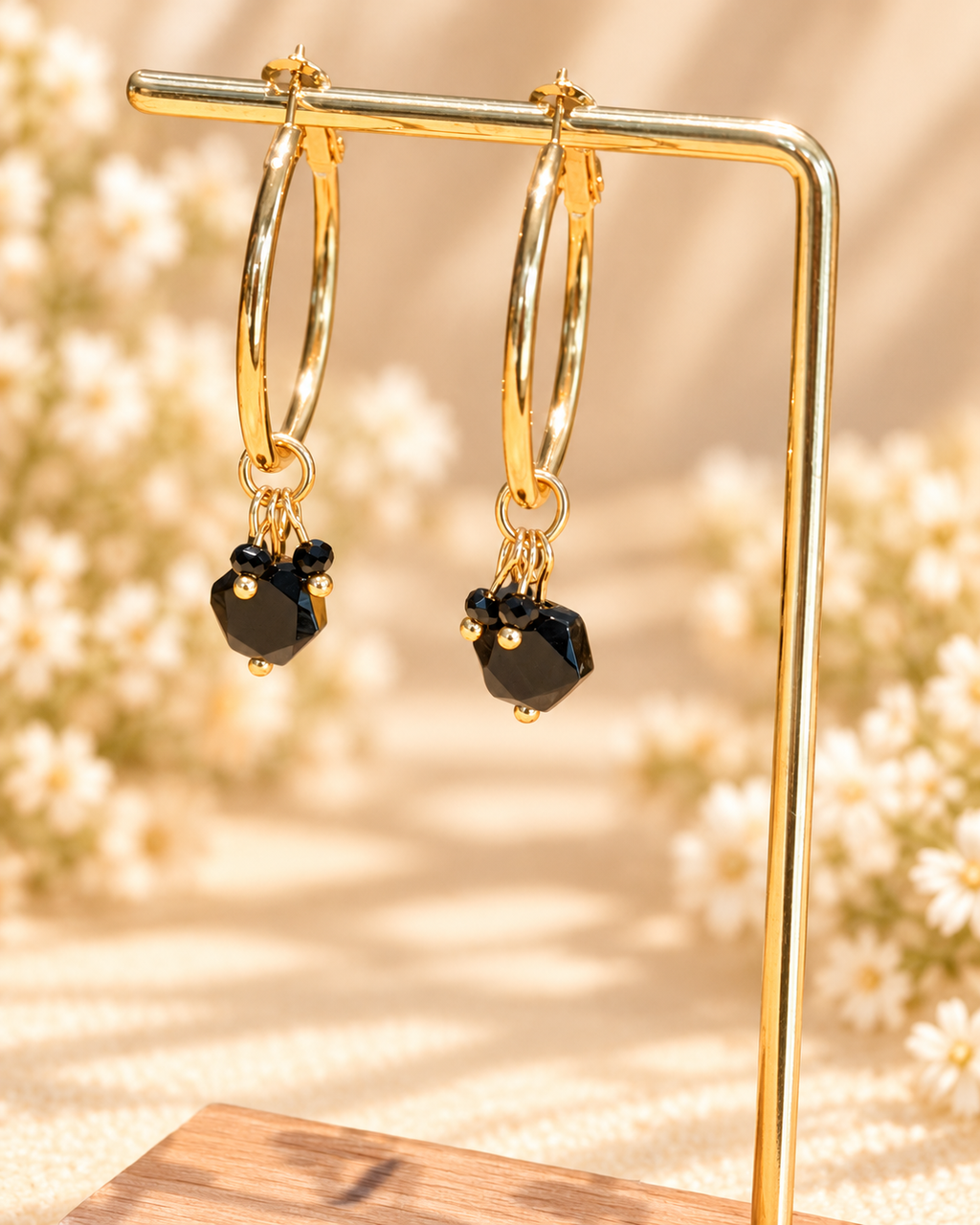 Black Onyx Hexagon beads 30mm wide hoops