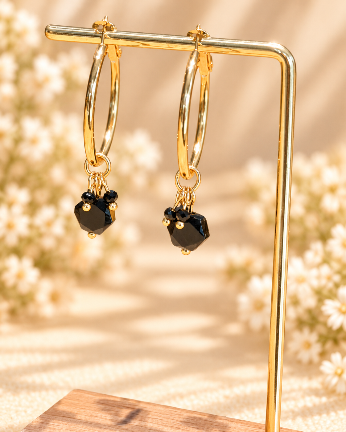 Black Onyx Hexagon beads 30mm wide hoops