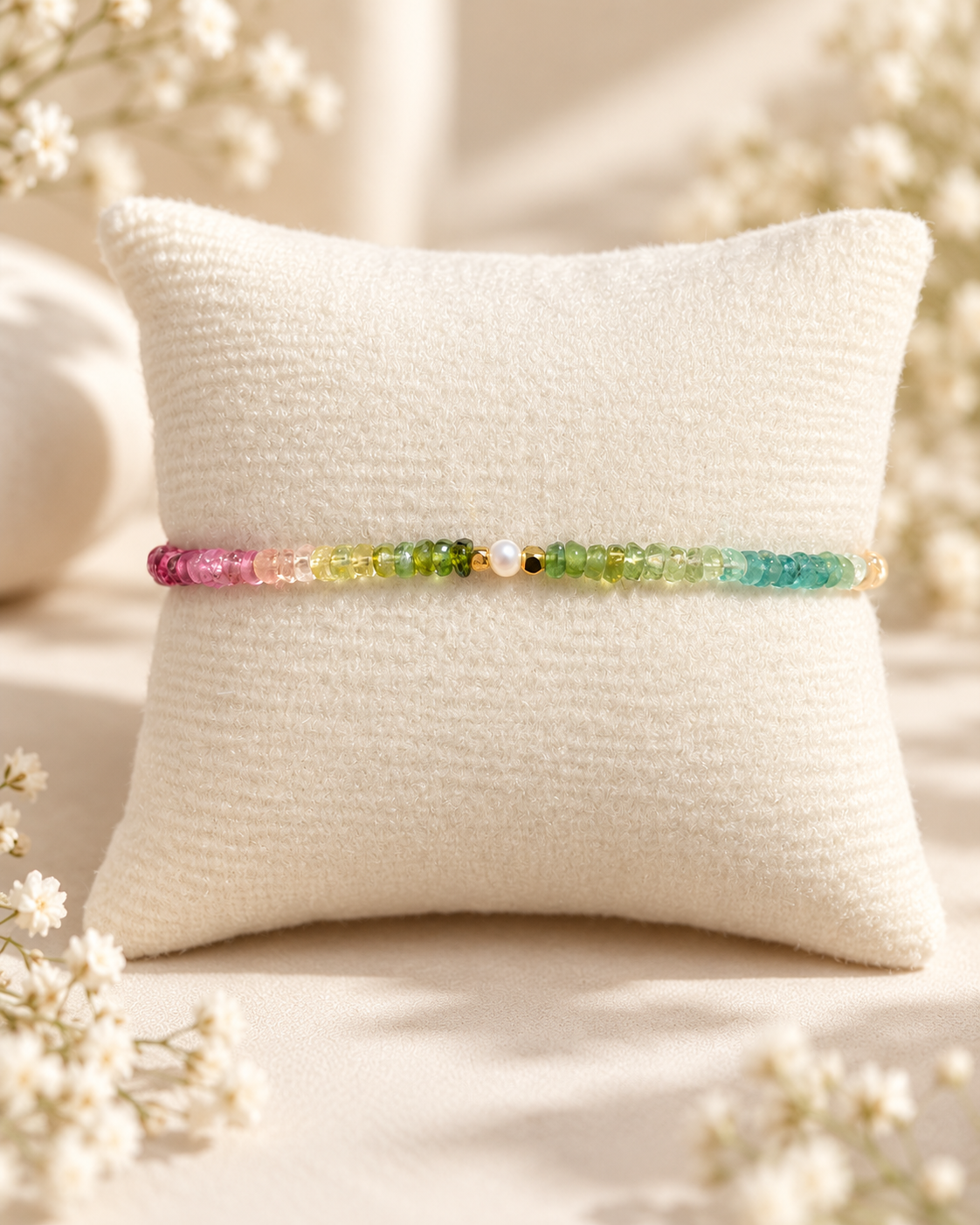Aria bracelet #10 Tourmaline & Pearl with 14k gold plated accents