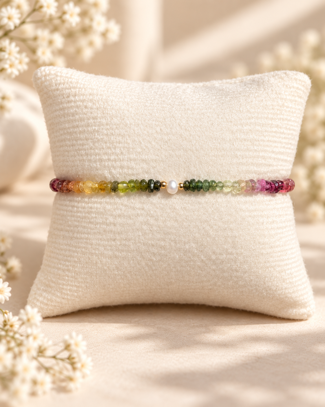 Aria bracelet #11 Tourmaline & Pearl with 14k gold plated accents