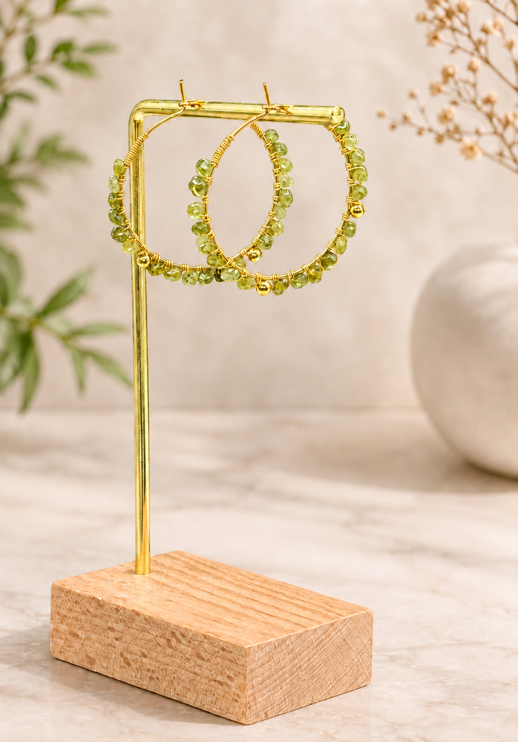 30mm hoops with Peridot gemstones, gold plated