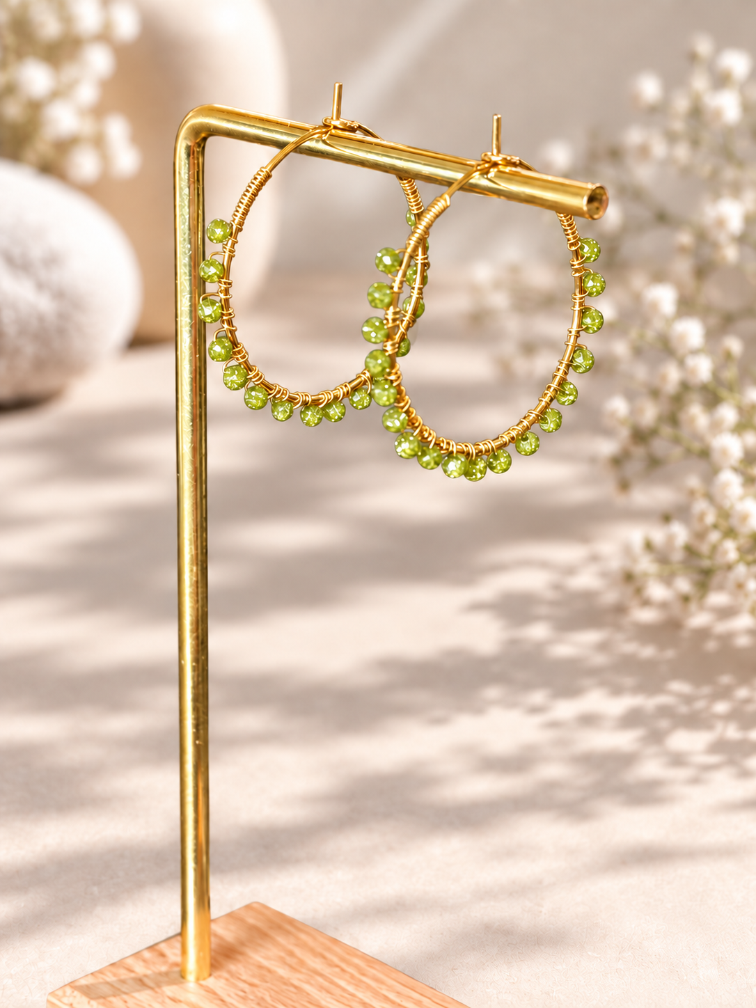 30mm hoops with Peridot gemstones, gold plated