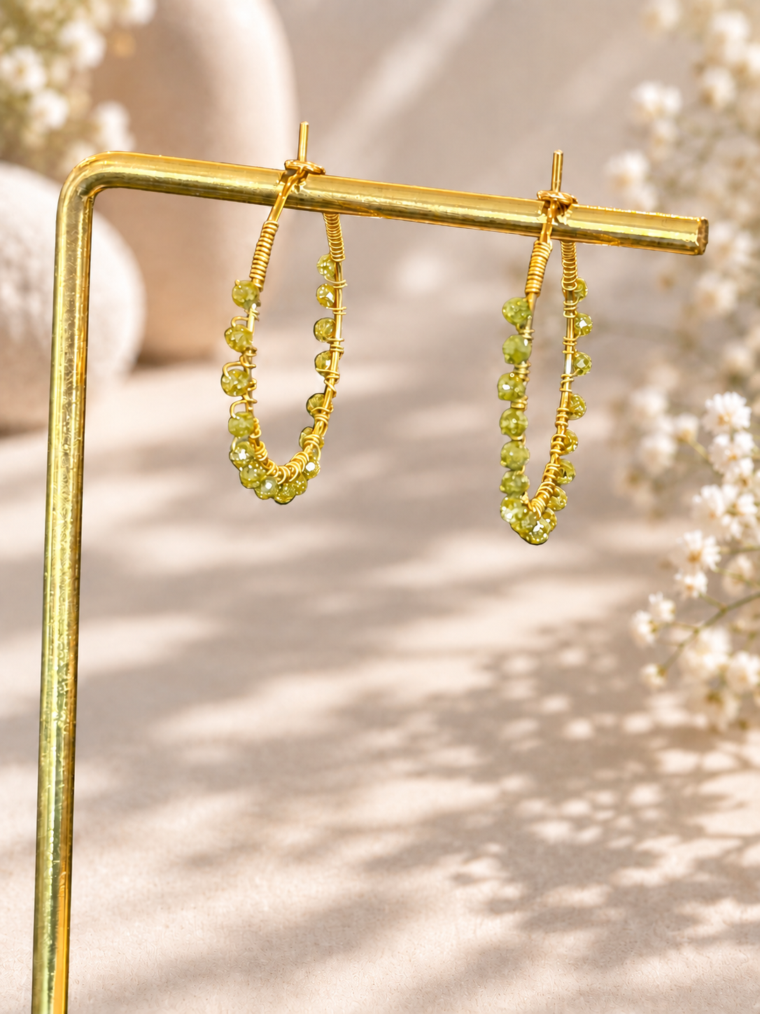 30mm hoops with Peridot gemstones, gold plated