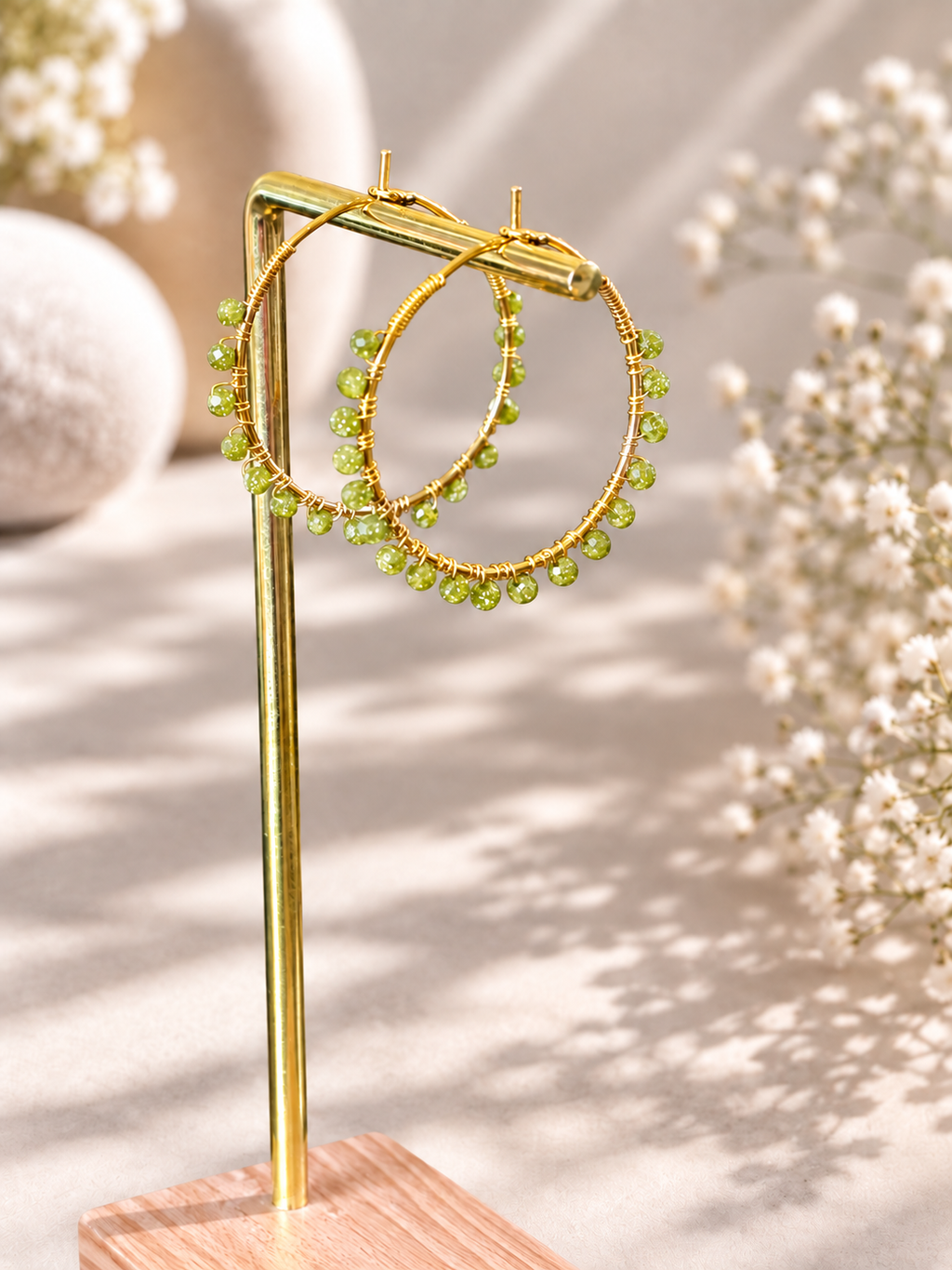 30mm hoops with Peridot gemstones, gold plated