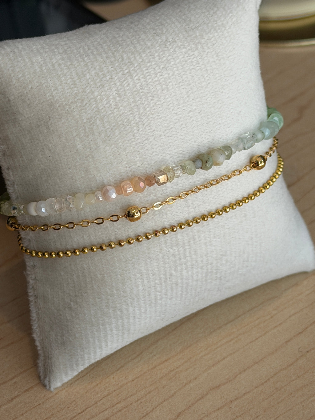 Trio bracelet #1 of 14K gold plated chains with mixed gemstones and glass crystals