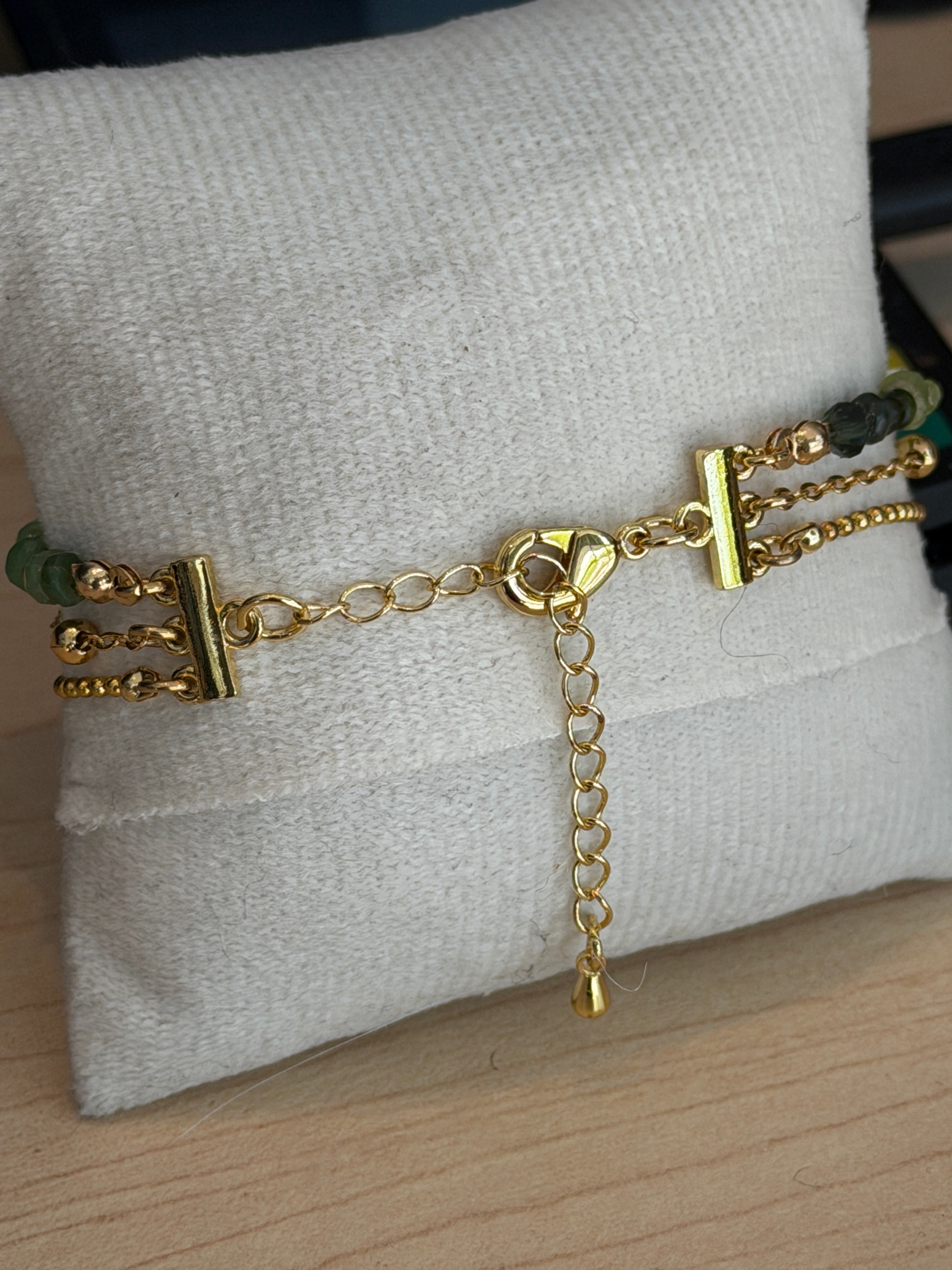 Trio bracelet #1 of 14K gold plated chains with mixed gemstones and glass crystals