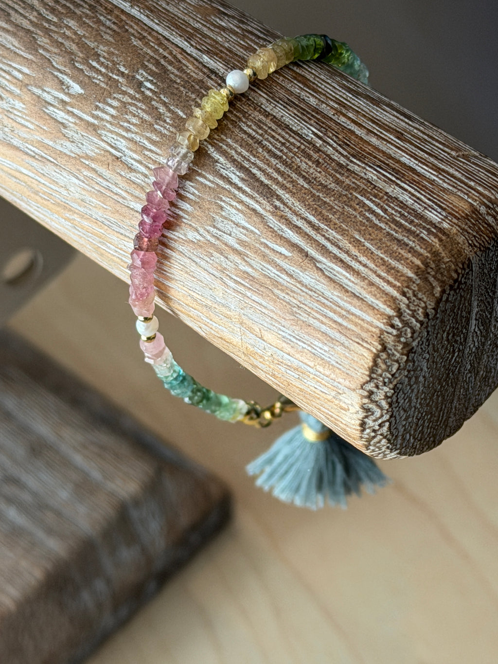 Aria bracelet #1 Tourmaline gemstones, freshwater pearls, blue tassel