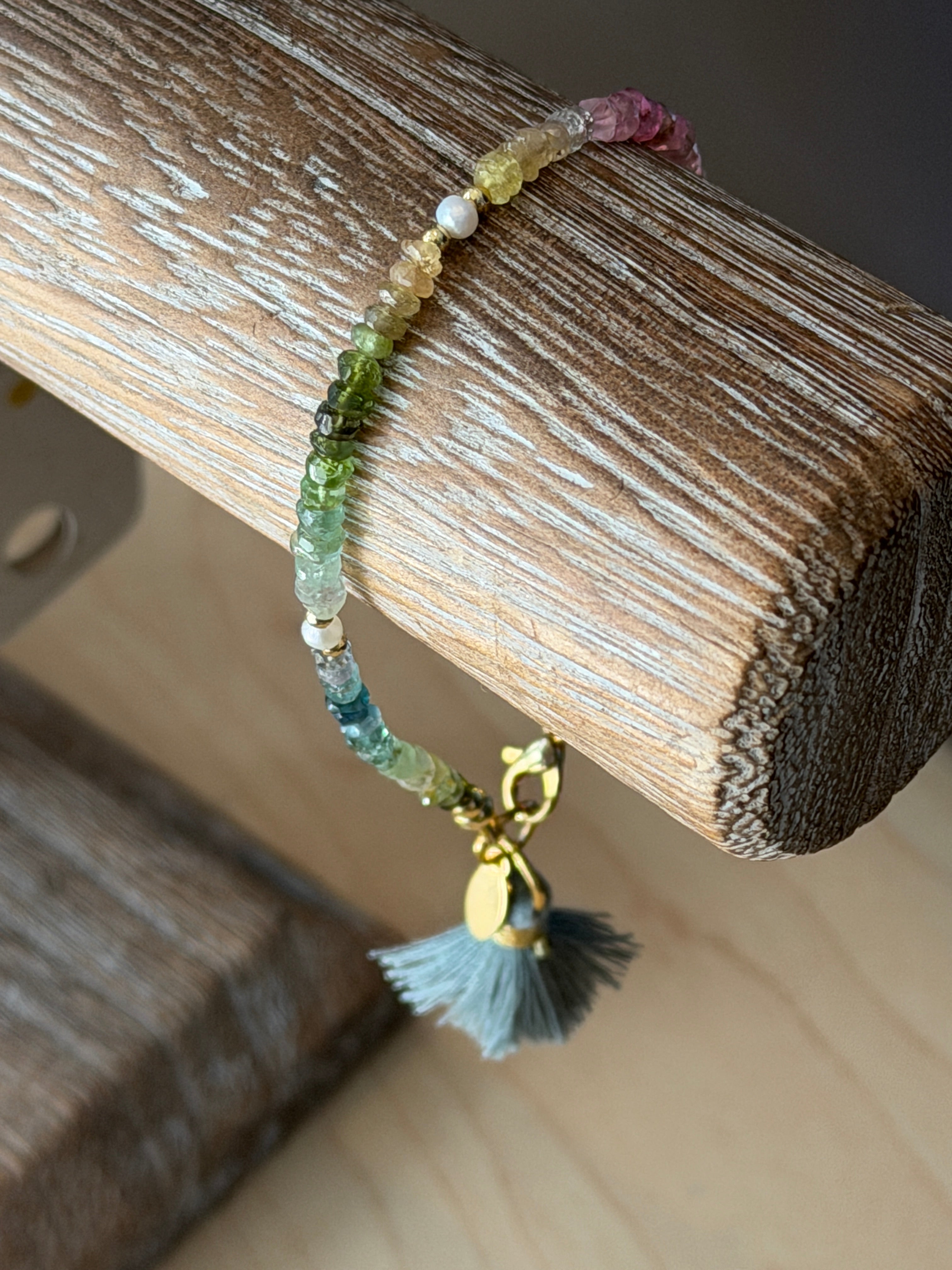 Aria bracelet #1 Tourmaline gemstones, freshwater pearls, blue tassel