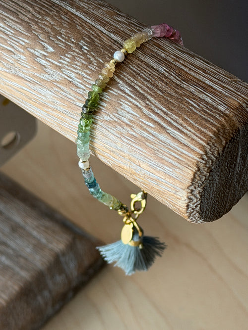 Aria bracelet #1 Tourmaline gemstones, freshwater pearls, blue tassel
