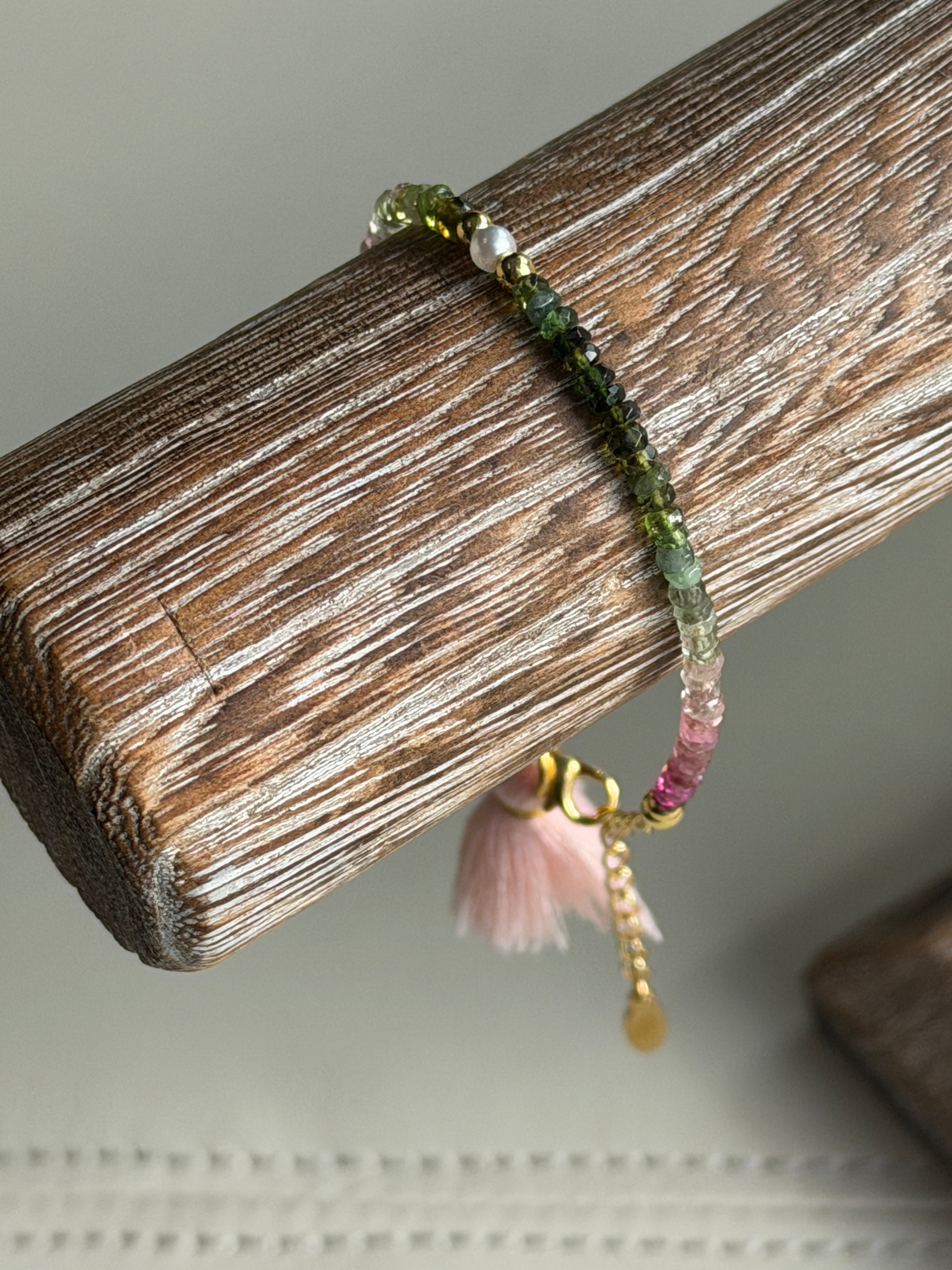 Aria bracelet #2 Tourmaline gemstones, freshwater pearls, pink tassel