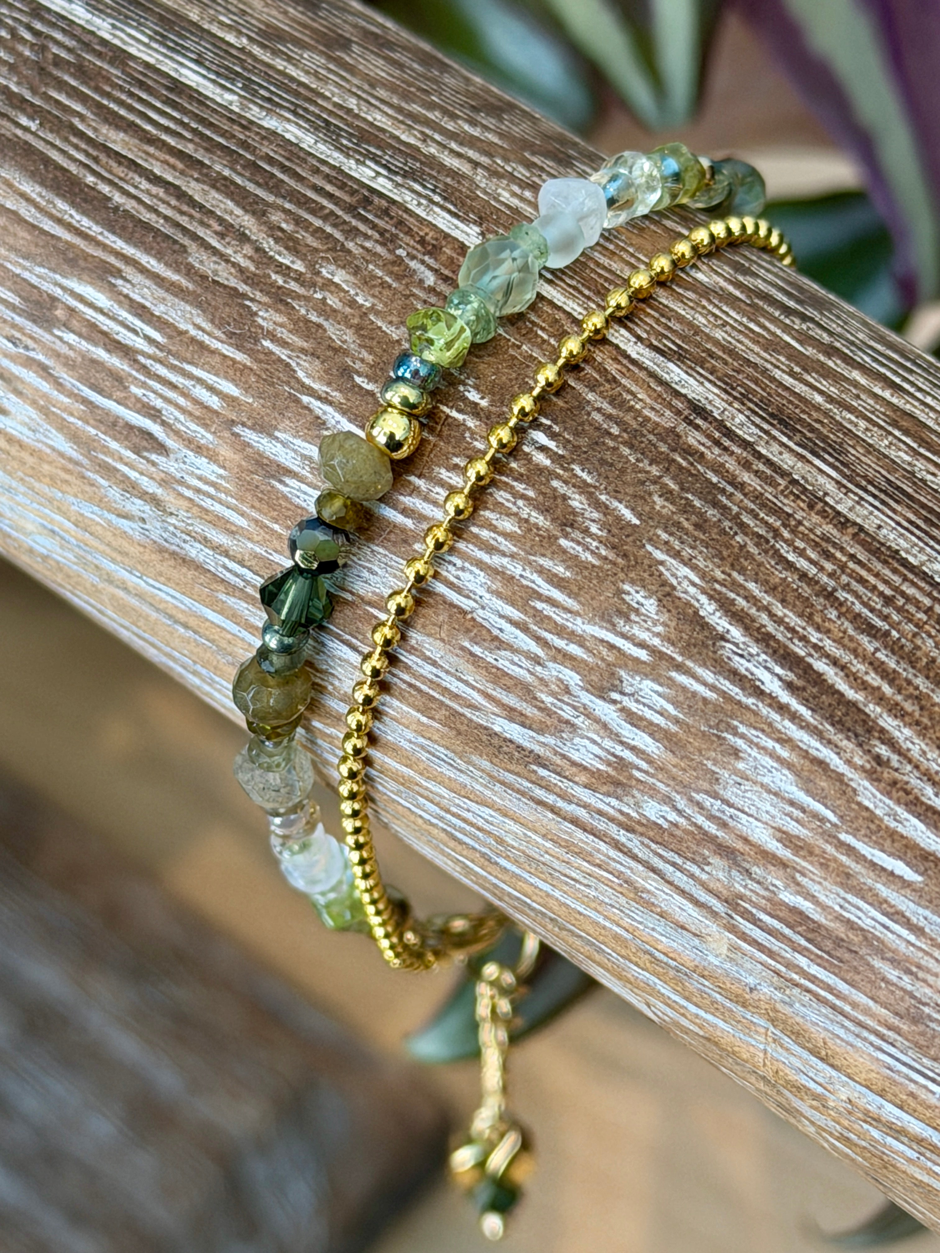 Duet bracelet #1 Mixed green gemstones and glass crystals with 14K gold plated accents