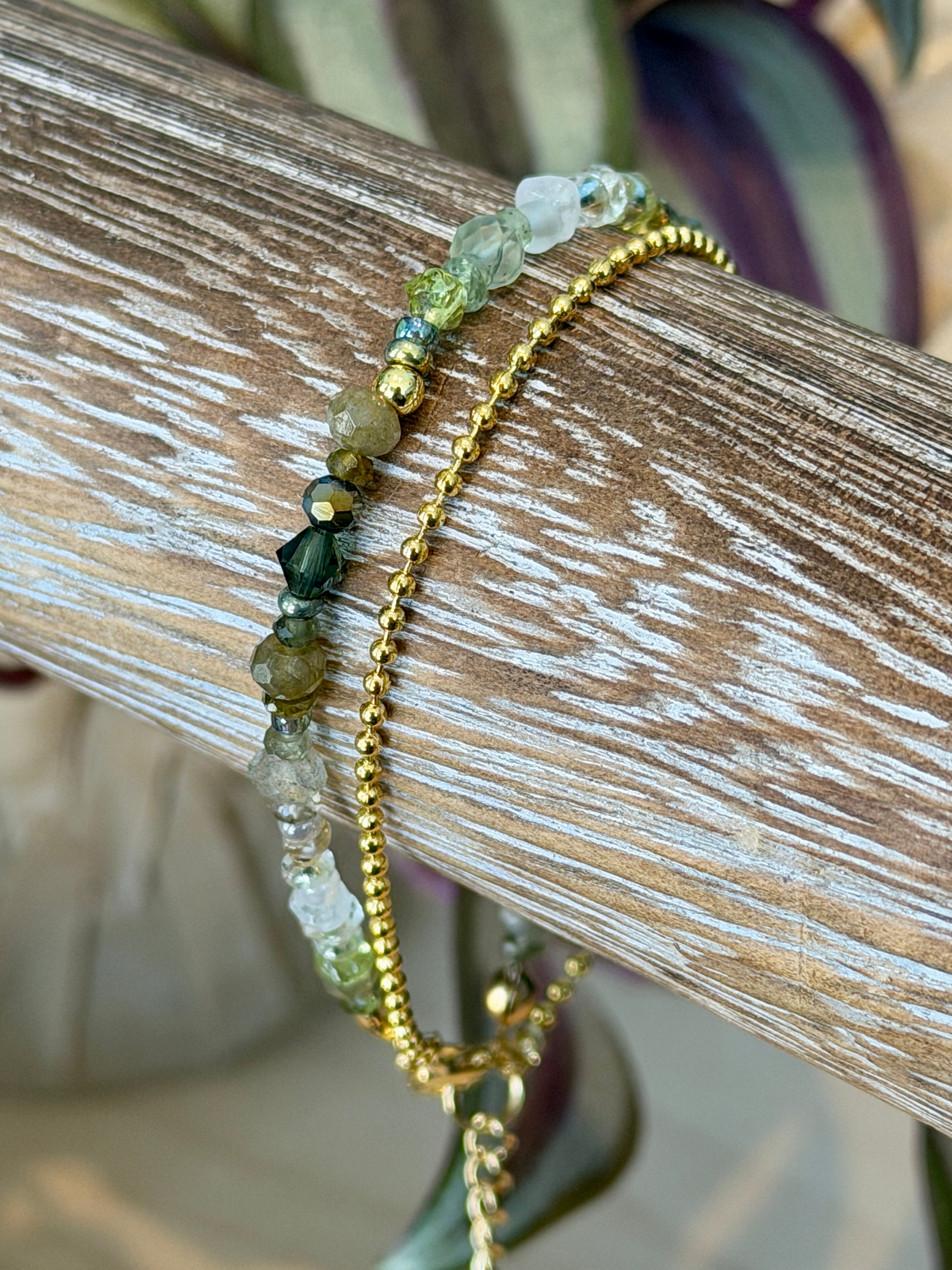 Duet bracelet #1 Mixed green gemstones and glass crystals with 14K gold plated accents