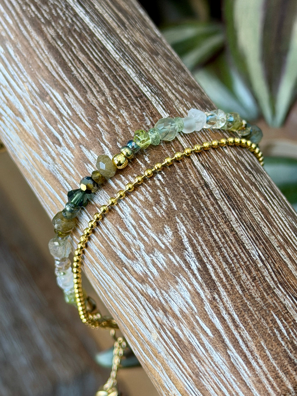 Duet bracelet #1 Mixed green gemstones and glass crystals with 14K gold plated accents