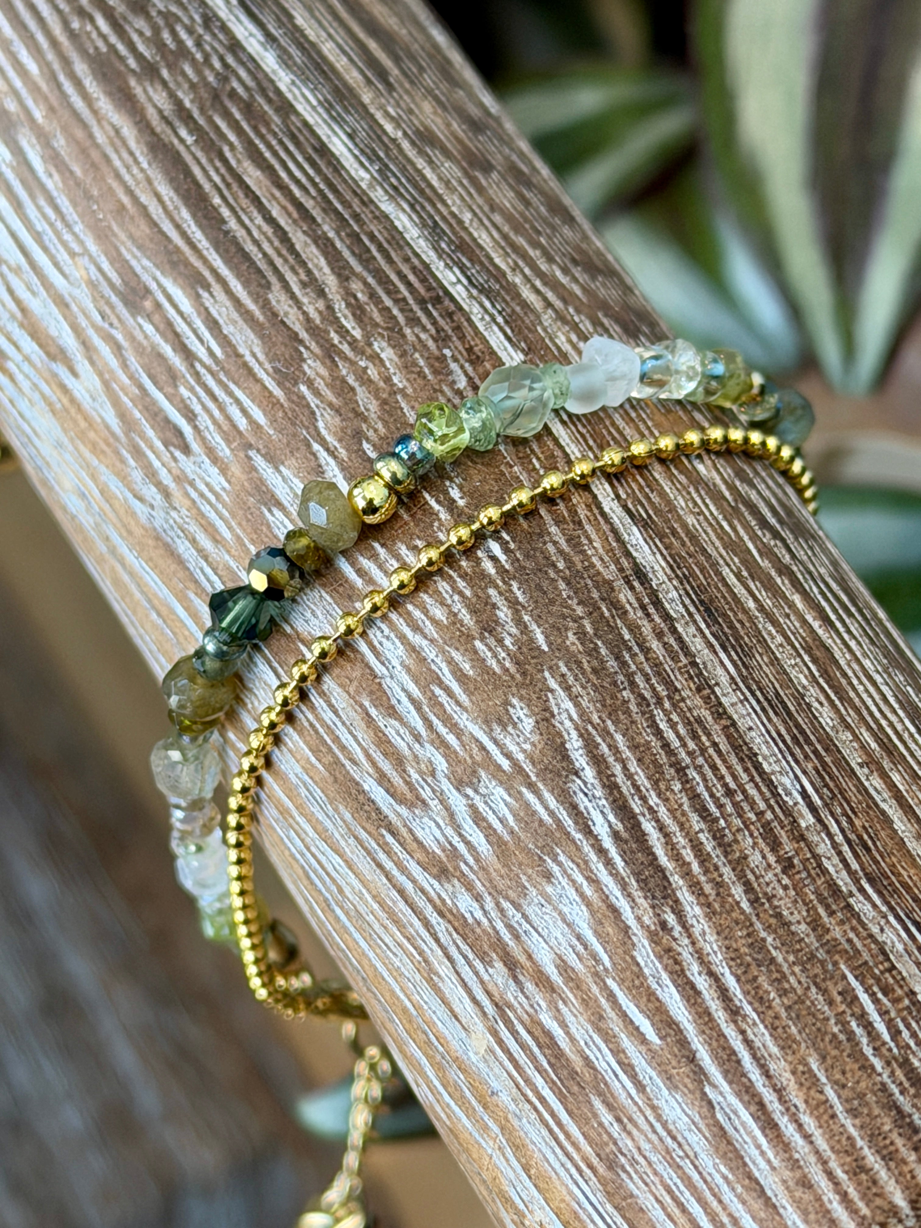 Duet bracelet #1 Mixed green gemstones and glass crystals with 14K gold plated accents