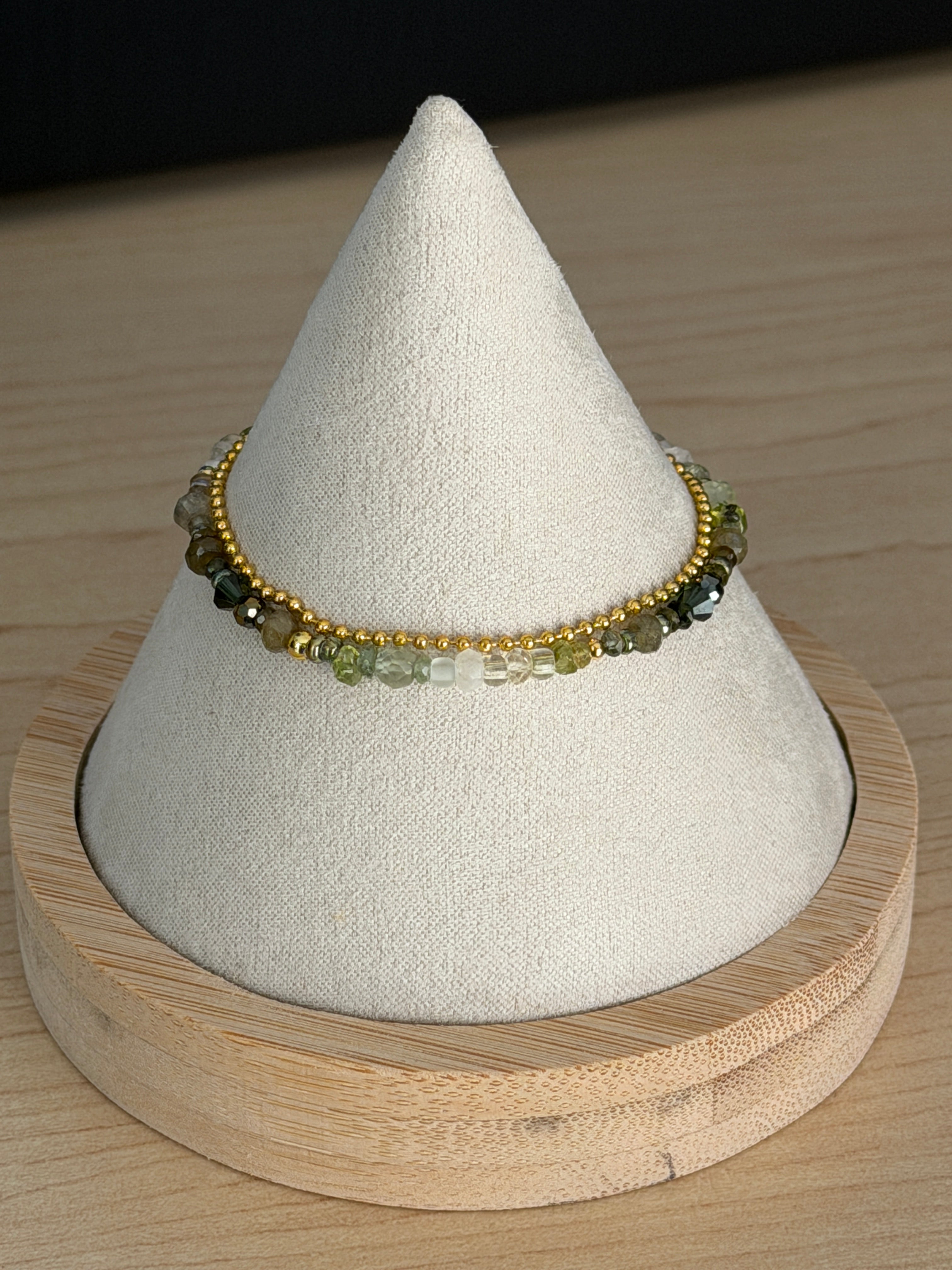 Duet bracelet #1 Mixed green gemstones and glass crystals with 14K gold plated accents