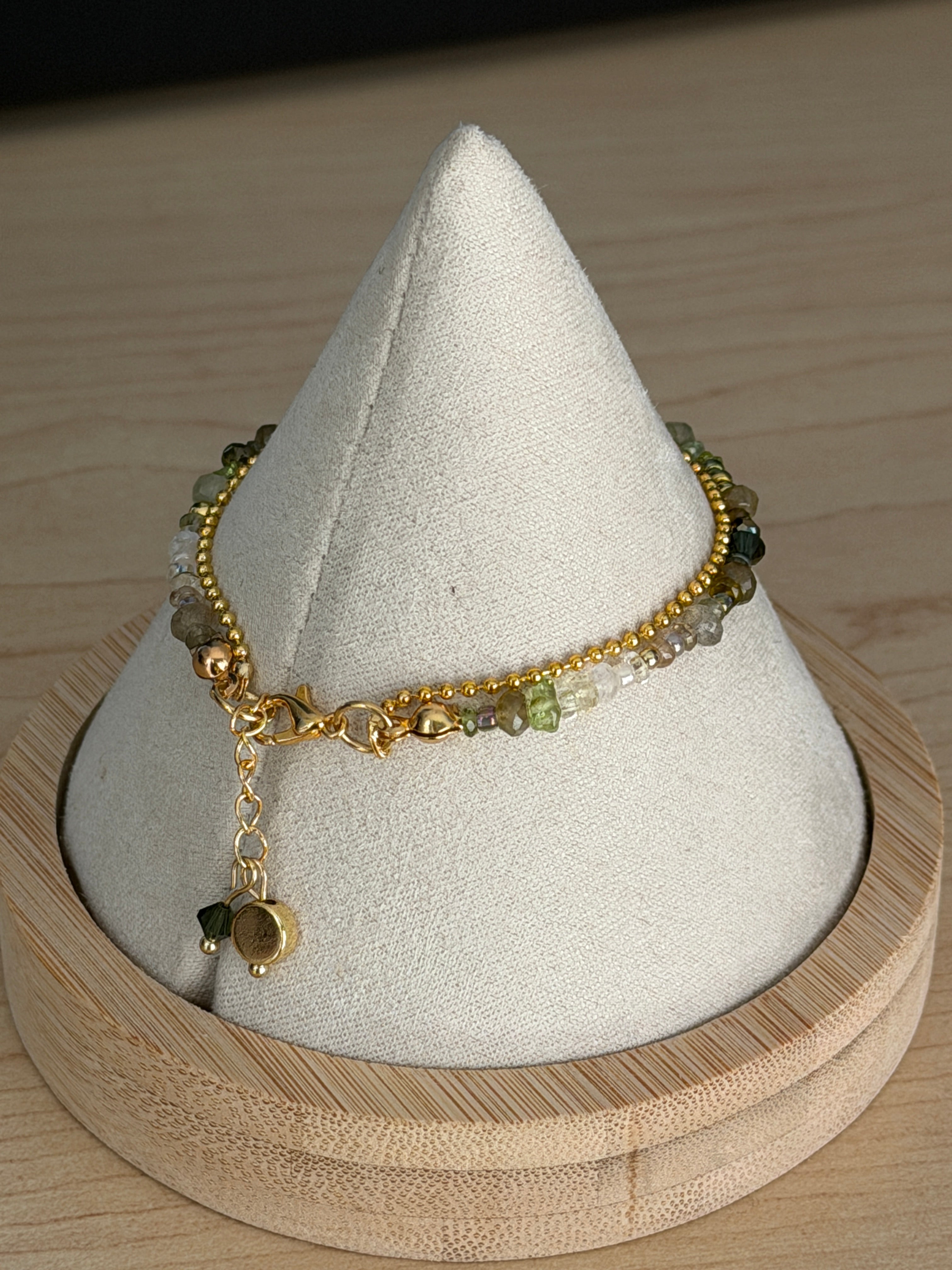 Duet bracelet #1 Mixed green gemstones and glass crystals with 14K gold plated accents